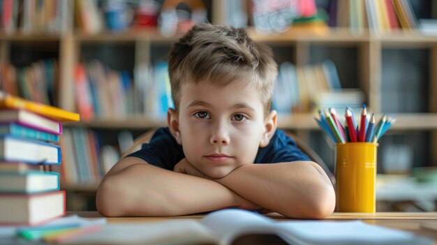 Foto menino com expressão pensativa em livros de mesa e lápis coloridos