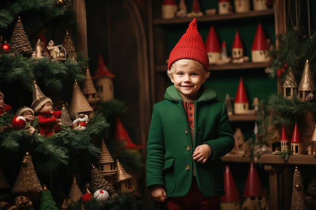 Menino com fundo de inverno de Natal decorado