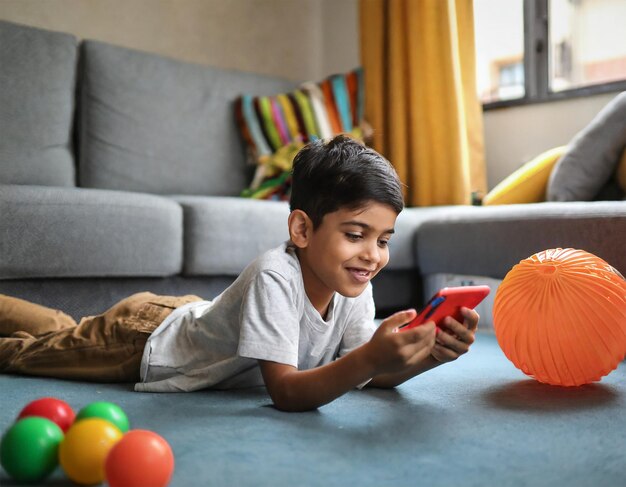 Foto menino com gadget em meio a brinquedos no chão da geração alfa