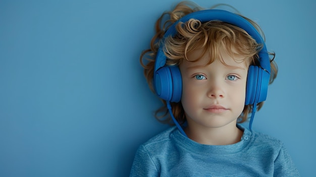 Menino com grandes fones de ouvido azuis em fundo azul pastel