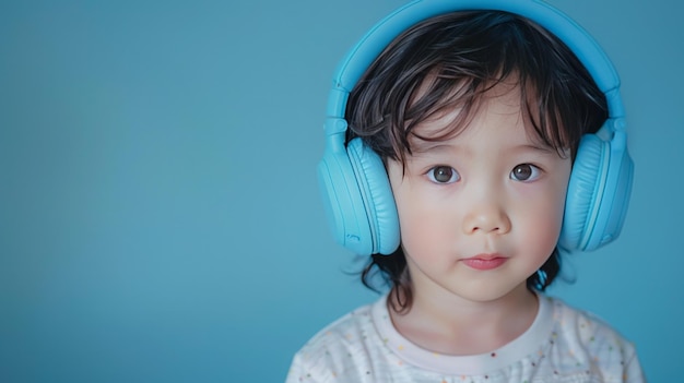 Menino com grandes fones de ouvido azuis em fundo azul pastel