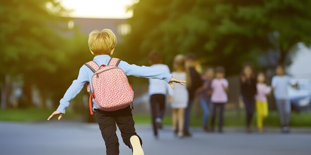 Menino com mochila indo para a escola Conceito de volta às aulasxA AI gerada