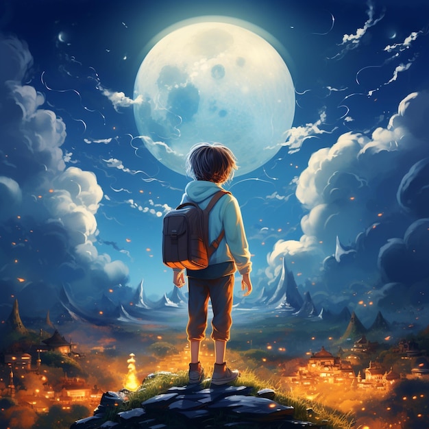 menino com mochila indo para a escola no meio da noite lua cheia fantasia