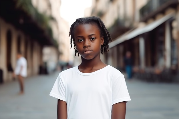 Menino com modelo de camiseta branca em branco Copiar espaço para impressão gráfica de logotipo de texto Simulação de camiseta Criança bonita Fechar a vista frontal IA generativa