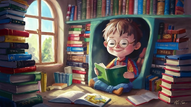 Menino com óculos cercado de livros.