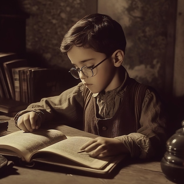 Menino com óculos lendo um livro foto vintage