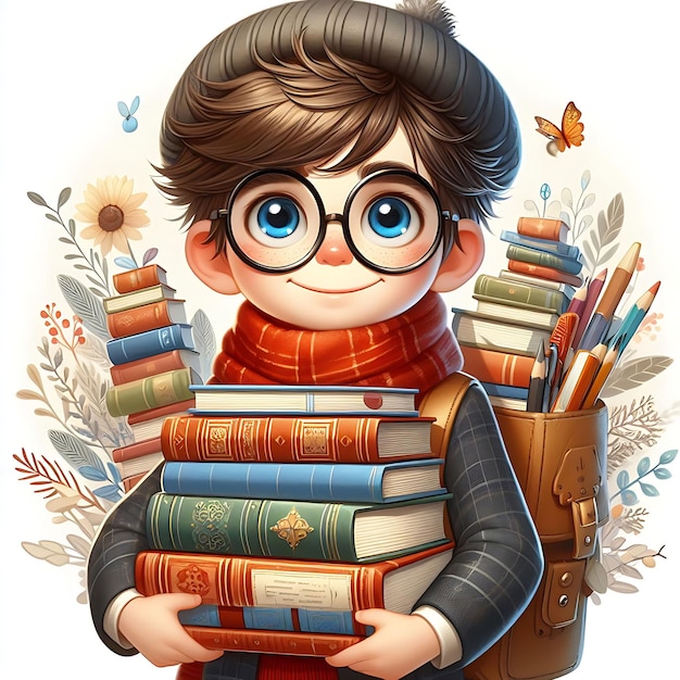 Menino com óculos segurando uma pilha de livros Dia Mundial do Livro