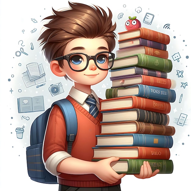 Menino com óculos segurando uma pilha de livros Dia Mundial do Livro