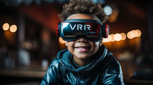 Menino com óculos VR estudando ciências de simulação do caminho do corpo humano em casa