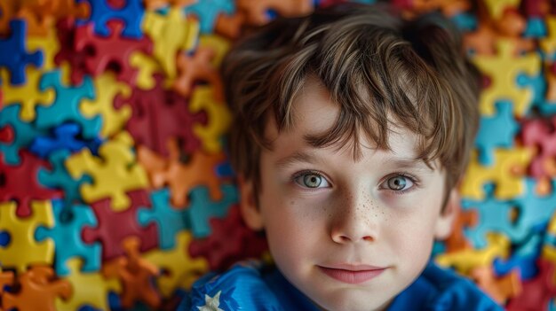 Foto menino com olhos brilhantes deita-se em um padrão de quebra-cabeça de consciência de autismo colorido