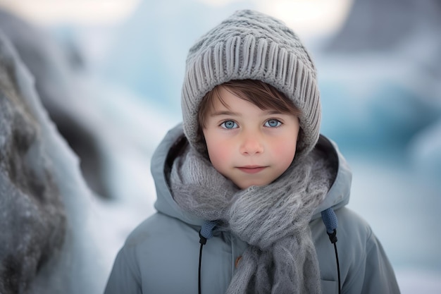 Menino com roupas quentes de inverno na vila Rua divertida Gerar IA