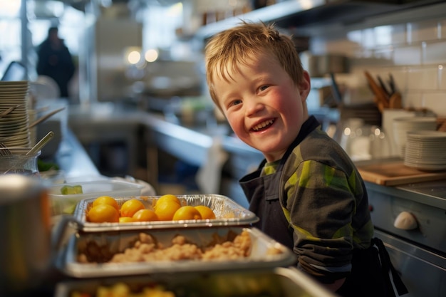 Foto menino com síndrome de down trabalhando na cozinha de um restaurante sorridente inclusão diversidade igual