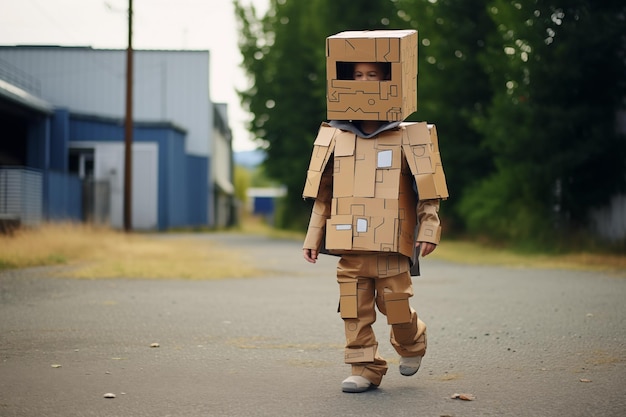 Menino com traje de robô de cartão ao ar livre no verão IA generativa