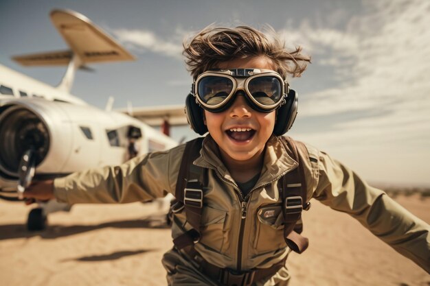 Foto menino com um avião ao pôr-do-sol