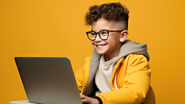 Foto menino com um laptop em um fundo amarelo