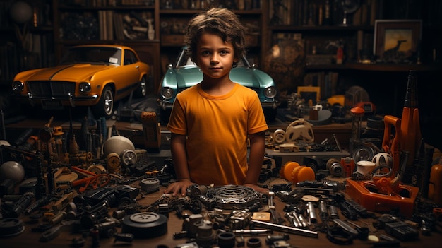 Menino com uma coleção de carros