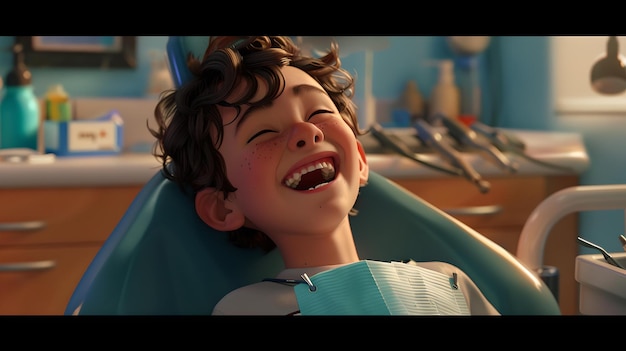 Menino com uma expressão alegre no consultório do dentista ilustração de desenho animado de cuidados dentários um momento de felicidade capturado AI