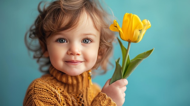 Menino com uma flor de tulipa nas mãos em fundo azul pastel