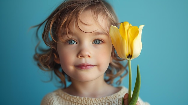 Menino com uma flor de tulipa nas mãos em fundo azul pastel
