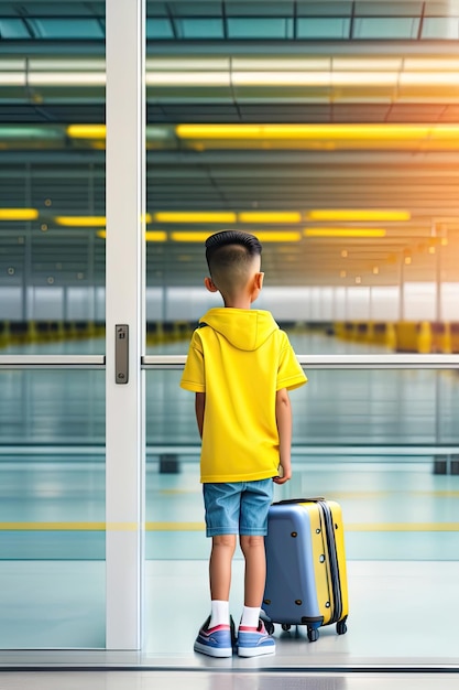 Menino com uma mala amarela no terminal vazio do aeroporto à espera de partida olhando pela janela