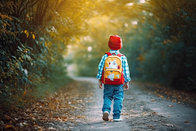 Menino com uma mochila escolar visto por trás do conceito Back to School