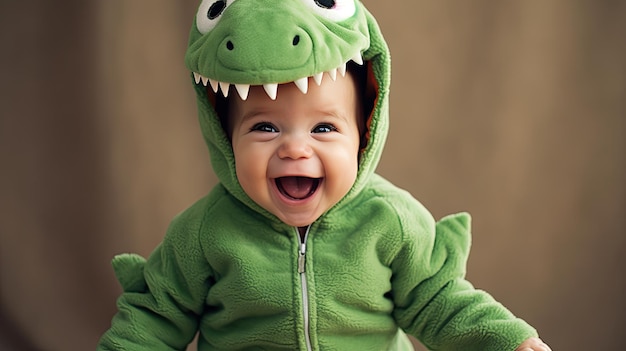 Foto menino com uma roupa engraçada de dinossauro