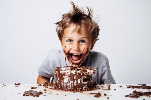 Foto menino comendo um conceito de bolo