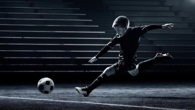 Foto menino como um jogador de futebol ou futebol em roupas esportivas fazendo uma finta ou um chute com a bola para um goa