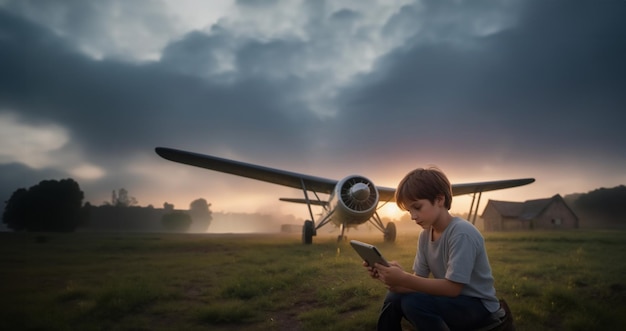 Menino constrói um avião na aldeia o conceito de desenvolvimento de talento de engenharia em crianças