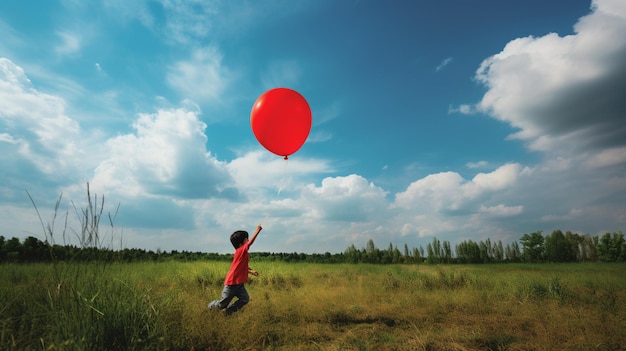 Menino correndo com um balão vermelho em um campo