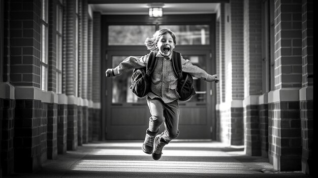 menino correndo e pulando na escola menino feliz