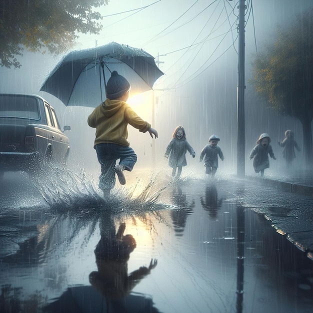 Menino correndo na chuva com um guarda-chuva