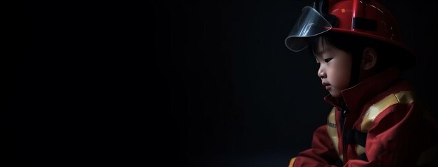 Menino criança em terno de uniforme capacete de herói de bravura profissão de bombeiro fundo preto isolado