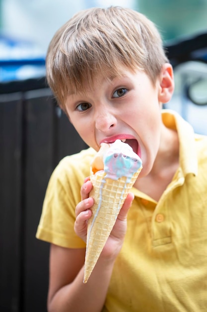 Menino criança feliz comendo sorvete colorido no verão ao ar livre