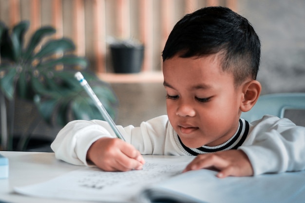 Menino criança segurando a escrita a lápis. Rapaz asiático fazendo lição de casa, criança escrevendo papel, conceito de educação, de volta às aulas.