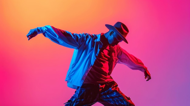 Menino dançando hip hop em roupas elegantes em fundo gradiente
