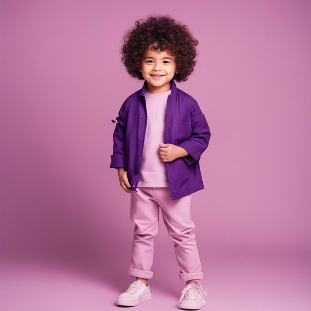 Foto menino de 4 anos com um penteado encaracolado contra um fundo de cor pastel