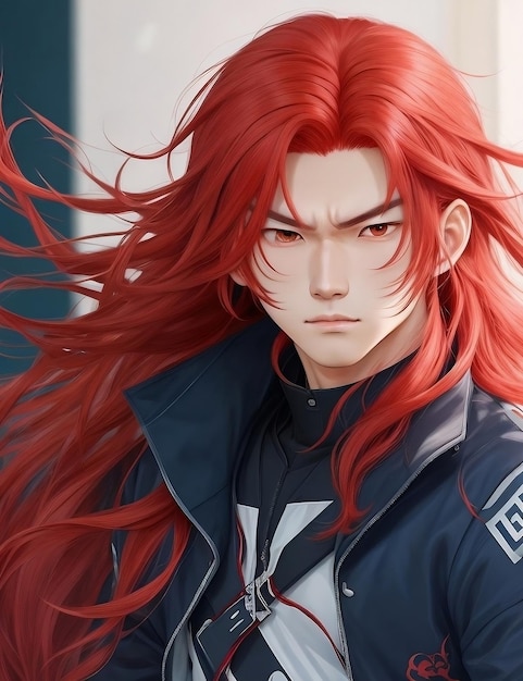 Menino de anime com longos cabelos ruivos e uma expressão atenta