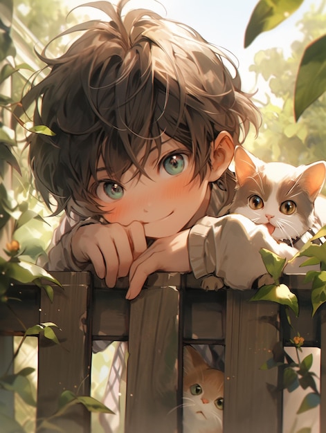 Menino anime com um gato nos braços ai generativa