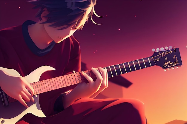 Menino de anime tocando violão. renderização 3D. Ilustração de varredura.