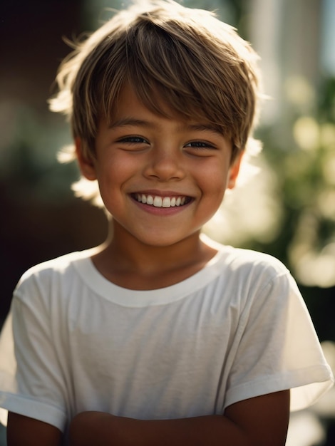 Foto menino de camisa branca sorrindo maquete de camisa de crianças