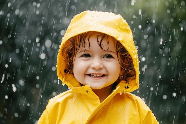 Menino de casaco amarelo a divertir-se num dia chuvoso