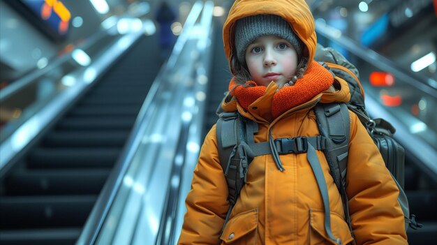 Foto menino de casaco amarelo com mochila