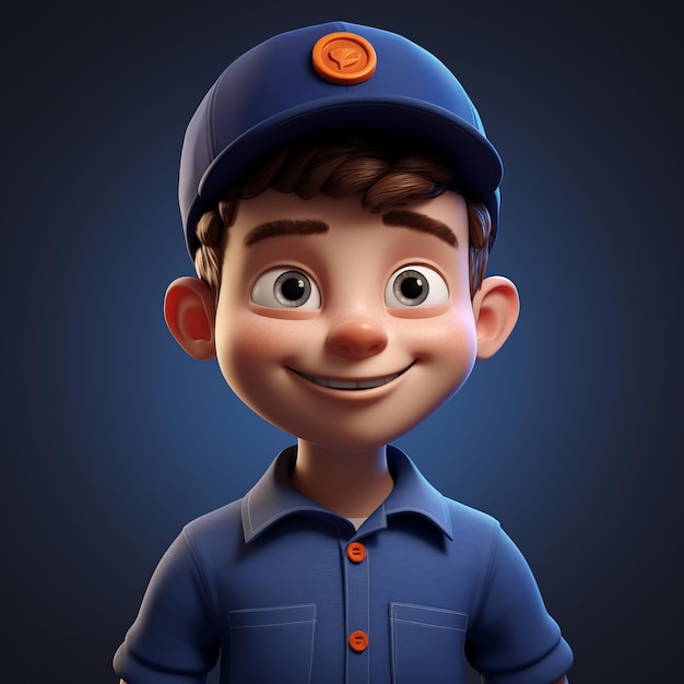 Menino de desenho animado 3d estilo Pixar em uniforme azul com chapéu