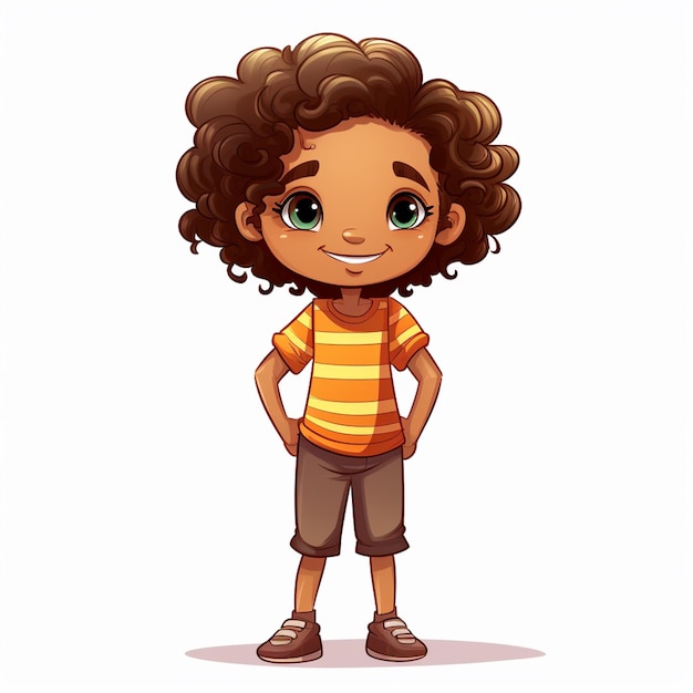 Foto menino de desenho animado com cabelo encaracolado e uma camisa listrada de pé com as mãos nos quadris ai generativa