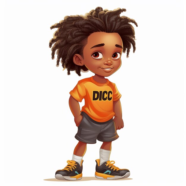 Foto menino de desenho animado com dreadlocks e camisa laranja de pé na frente de um fundo branco generativo ai