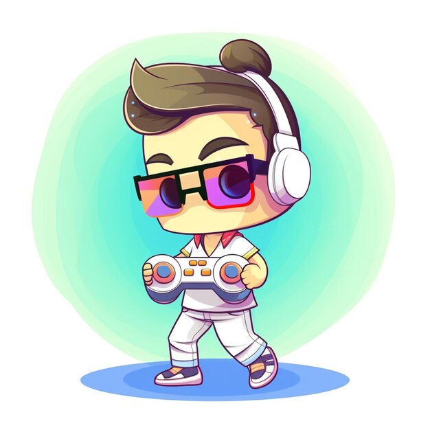 menino de desenho animado com fones de ouvido e óculos de sol jogando um videogame generativo ai
