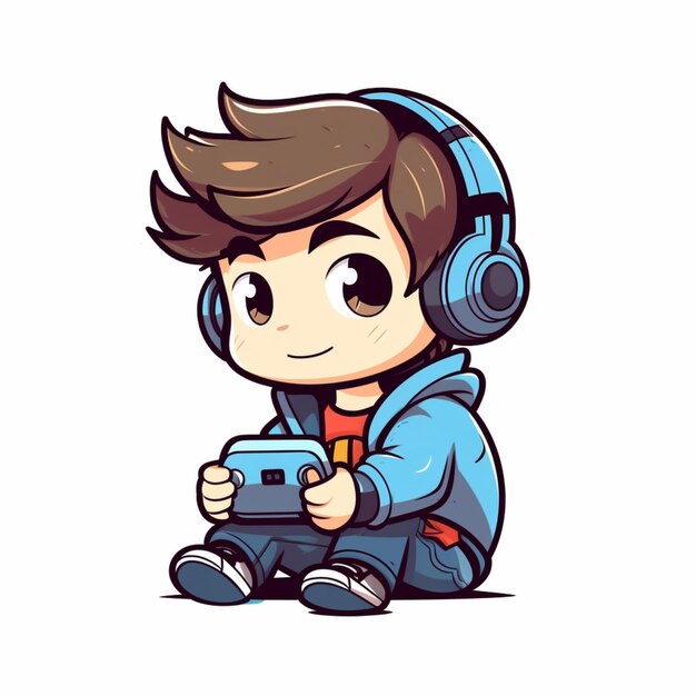 menino de desenho animado com fones de ouvido jogando videogame com um controlador de IA generativa