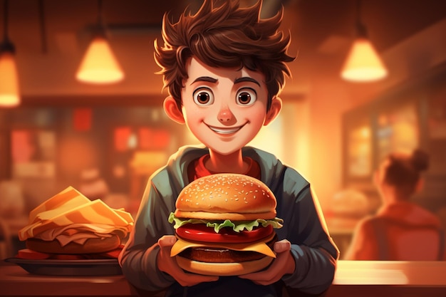 Menino de desenho animado com hambúrguer