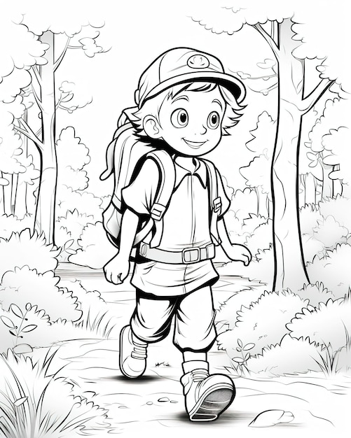 Menino de desenho animado com mochila e chapéu caminhando pelo livro de colorir da floresta